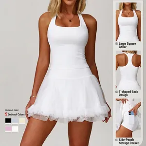 White tennis dress with square neck, racerback design and layered mesh skirt for fitness