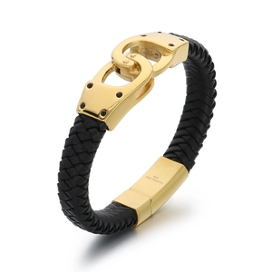 Men's black braided leather bracelet with golden handcuffs design and magnetic clasp