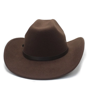 Detail of brown wool fedora with wide brim, leather band and metal eyelet accent