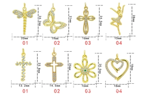 Grid display of gold micro-pave pendants showing dimensions and various charm styles