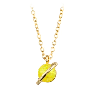 Minimalist golden planet necklace featuring a yellow opal pendant with shimmering details