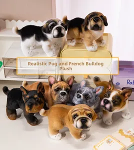 Group photo of realistic plush Pug and French Bulldog puppies with detailed soft fur