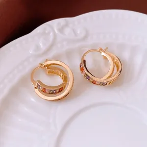 Vintage gold plated hollow square hoop earrings with colorful zircon inlay for women