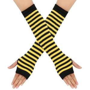 Lange gestrickte fingerlose Handschuhe mit schwarz-gelben Streifen und Daumenlöchern