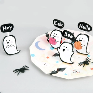 Halloween lollipop cards with 3D ghost pumpkin and bat party decorations on a grey base