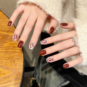 Handmade red cat eye and silver glitter leopard print coffin press-on nails