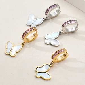 Elegant gold and silver butterfly hoop earrings with square crystals and shell inlays