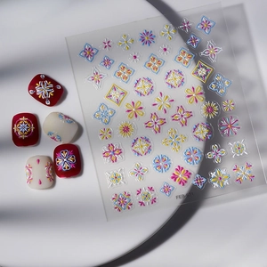 Bohemian style 5D embossed nail stickers with colorful floral patterns and toe nail examples