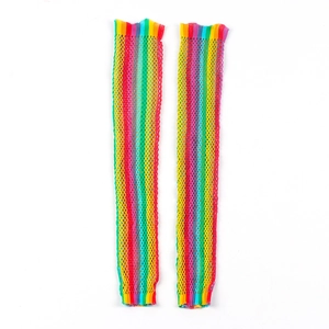 Close-up of rainbow striped fishnet arm warmers in elastic vibrant mesh fabric
