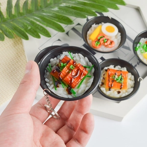 Miniature Japanese unagi donburi food keychain model with realistic resin textures