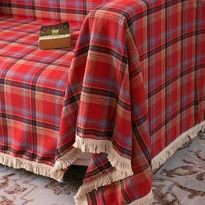 American style red and blue plaid sofa throw blanket with off-white tassels for home decor