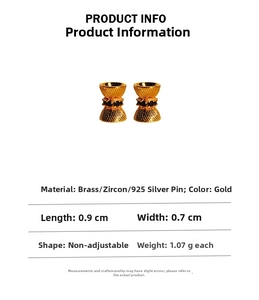 Detailed specs of gold hourglass stud earrings with black zircon and 925 silver needles