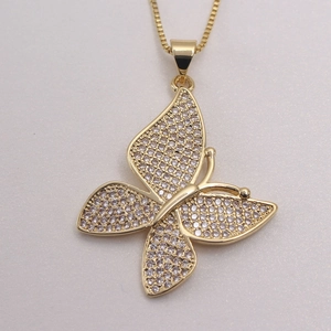 Elegant gold butterfly pendant necklace with sparkling micro zircons and box chain