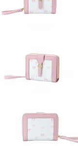 Three-view layout showing front, side and back of a floral bow wallet in pink and white