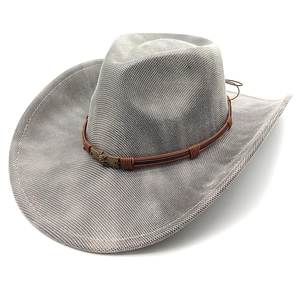 Macro shot of a grey-brown felt fedora hat with a leather band and a metal skull emblem