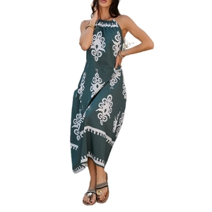Ärmelloses Maxikleid in Dunkelgrün mit weißem geometrischem Ethno-Muster für Damen