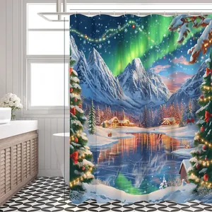 Detailed view of winter aurora landscape and lit Christmas tree on shower curtain