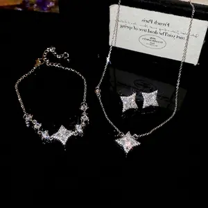 Starburst Star Necklace And Bracelet Sparkling Zircon Inlaid Copper Silver Plated Minimalist Elegant Jewelry Women