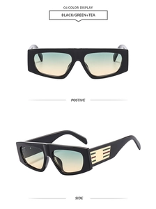 Front and side views of black chunky square sunglasses with green tea gradient lenses