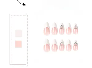 Detailed view of pink French gradient press-on nails with 3D silver heart rhinestones