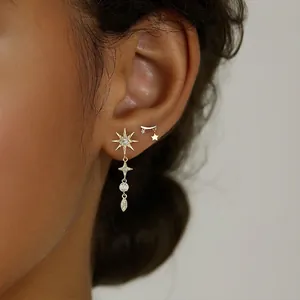 Elegant S925 sterling silver gold star dangle earrings with tassel and stud for women