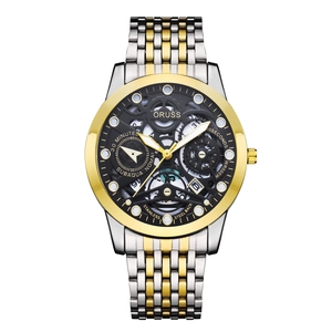 ORUSS men's hollow skeleton business watch with two-tone steel band and black dial