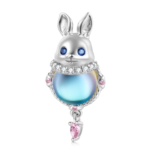 S925 sterling silver bunny necklace charm with iridescent blue stone and pink heart pendant