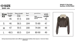 Detailed size chart for brown faux leather jacket with dimensions in centimeters