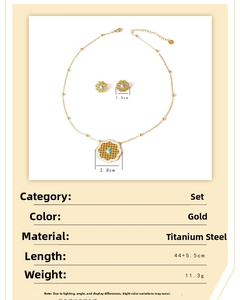 Detailed size chart for gold titanium floral necklace and earrings with turquoise stone
