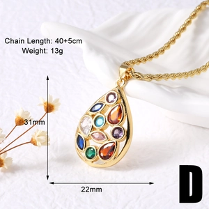 Macro shot of colorful water drop pendants on gold chains with sizing specs