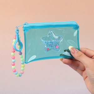 Petit porte-monnaie transparent en PVC bleu avec sable étoilé et bracelet de perles coloré