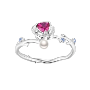 Pink Heart Zircon Rose Thorn Vine Ring 925 Sterling Silver With Artificial Pearl For Women Fashion Romantic Niche Jewelry