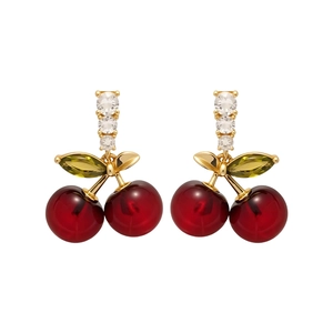 Elegant cherry stud earrings with red resin drops and green zircon leaves in gold finish