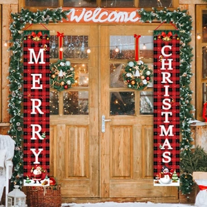 Merry Christmas outdoor door banners with red-black plaid snowman and Santa Claus designs