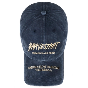 Retro faded navy blue washed cotton baseball cap with yellow embroidery and street style