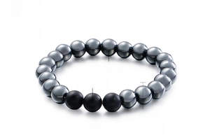 Close-up of 8mm matte black agate and hematite beads with elastic cord detail