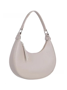 Detail of light grey crescent moon bag featuring premium lychee grain leather and zipper