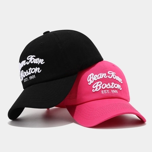 Retro Boston embroidered baseball caps in black and rose pink cotton twill fabric