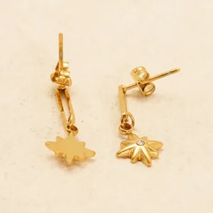 18K gold plated star dangle earrings with white zircon inlay on minimalist background
