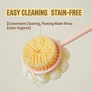 Long-handle double-sided bath brush with soft bristles and mesh sponge in pink