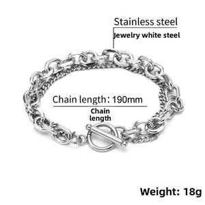 Detailed view of 190mm stainless steel double layer chain bracelet with OT toggle clasp