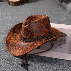 Retro Western Cowboy Hat Distressed Faux Leather With Adjustable Wind Lanyard Outdoor Sun Hat For Men Women