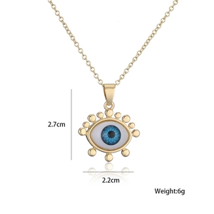 Detailed dimensions of 18K gold plated evil eye pendant showing 2.7cm height and 2.2cm width