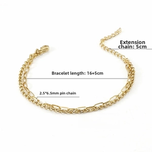 Detailed size specifications for a gold double-layer paperclip and round bead chain bracelet