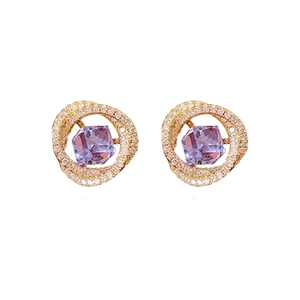 Elegant gold square purple zircon earrings with crystal pavé and silver needles
