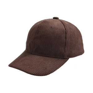 Detailed view of the dark brown corduroy texture and 6-panel design on the baseball cap