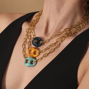 Three-layer gold necklace with colorful coffee bean anchor link pendants for women