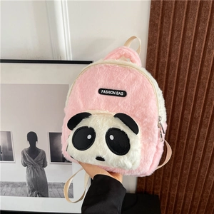 Close-up of soft plush panda backpack featuring pink and white faux fur texture