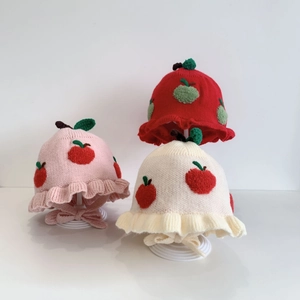 Cute apple-shaped knit hats for baby girls featuring stereoscopic decor and chin straps