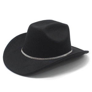 Western Cowboy Hat Woolen Felt Wide Brim Rhinestone Band Vintage Jazz Fedora For Men Women